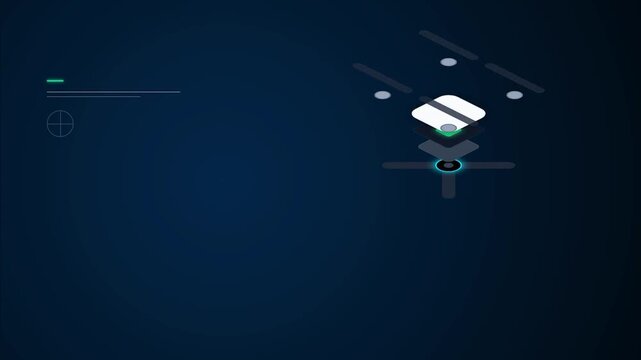 Futuristic isometric tech drone element with digital HUD interface vector graphics on dark blue background