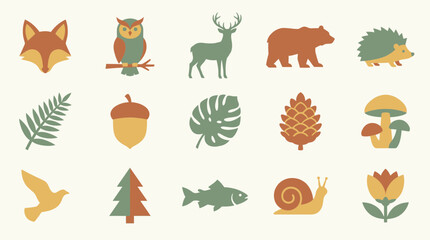 Obraz premium Set of minimalist flat vector icons featuring woodland animals and forest plants in warm autumn colors, perfect for logo design, educational materials and autumn themed branding