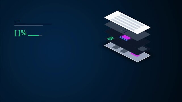 Futuristic isometric hardware assembly and data processing system High tech 3D motion graphics on dark blue background Loading animation for software interface and electronic device production