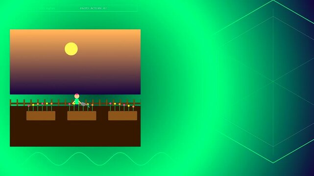 People interacting with shared urban spaces while tending to vibrant garden plots under a warm sunset sky in this simple flat vector style animation
