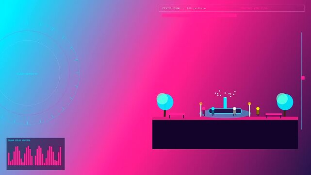 People gathered in shared urban spaces depicted through vibrant minimalist motion graphics showing digital park fountain elements with shifting data metrics and neon color gradients throughout