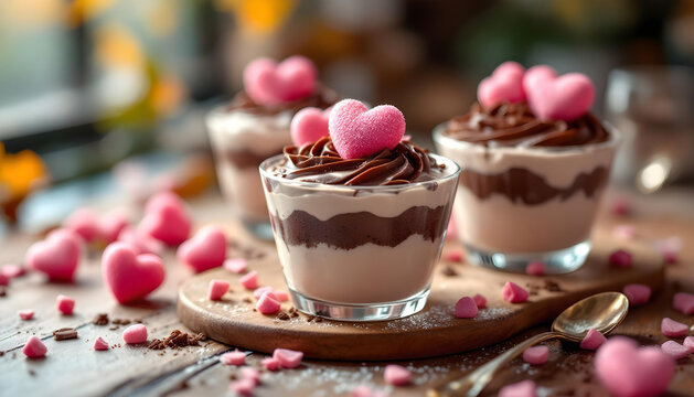 Mini mousse cups decorated with sugar hearts