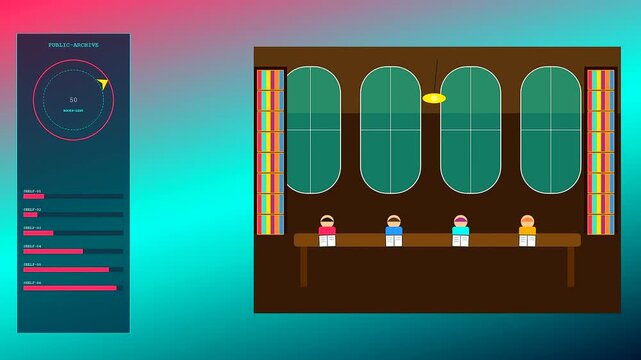 Shared urban spaces in a digitized library setting feature abstract figures seated at a long table beneath rounded windows while data charts track user activity