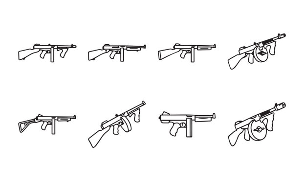 Thompson submachine gun line art collection on white background with multiple angles