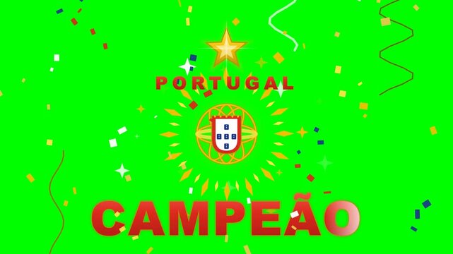 4K green screen Portugal football celebration with golden armillary sphere and shield, one star and CAMPEAO wordmark, red gold confetti, chroma key sports overlay loop