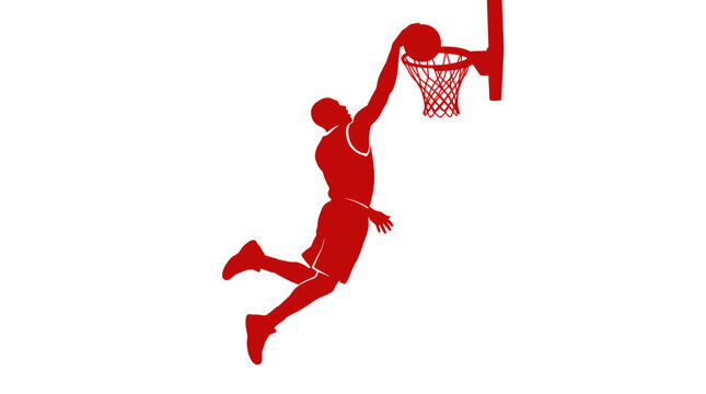 Red silhouette basketball player slam dunking ball into hoop