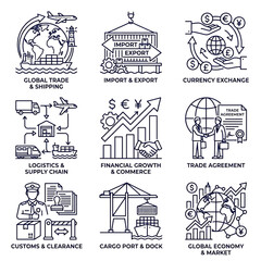 Fototapeta premium Vector icons illustrating global trade, commerce, and finance concepts on transparent background