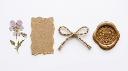 Fototapeta premium Vintage stationery set with flower paper seal and twine