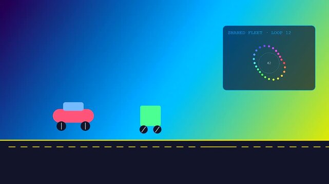 Shared urban spaces shown through a digital interface displaying vehicle fleet tracking loops with circular graphical monitors above flat road sections and simple car icons