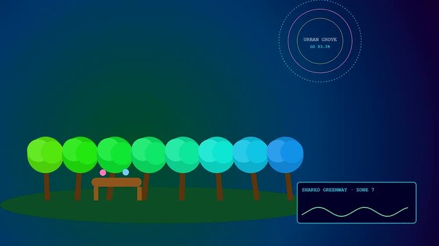 Digital representation of shared urban spaces featuring a row of stylized trees with changing light hues and data circles observed within a flat vector animation design