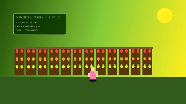 A shared urban spaces interface design showing a pixel character working on vertical vegetable walls with sun tracking data and changing harvest counts in sequence