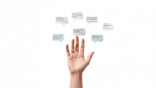 Hand gesture interacting with digital speech bubbles floating in motion video animation for modern social media communication concept background