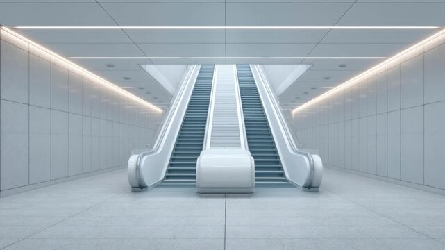 Modern empty escalator set in a bright minimalist indoor space with white walls and ceiling featuring sleek linear lighting and smooth floor surface