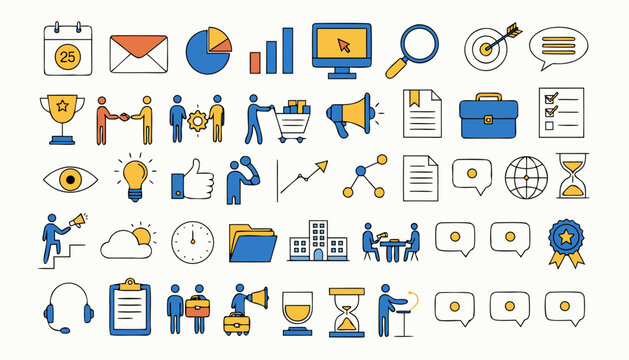 Set of business and office icons in blue, yellow, and black colors.