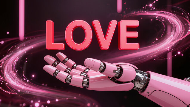 "LOVE" 3D text red color is floating over the pink robot hand , pink light effect and black background , romantic mood.