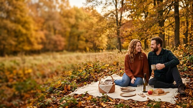 Happy couple having a romantic picnic in the forest during autumn