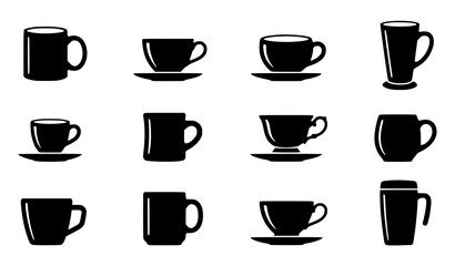 Fototapeta premium Coffee and Tea Cup Silhouette Vector Set with Ceramic Mug and Teacup Icons