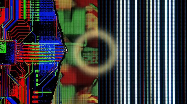 Abstract digital glitch art with colorful pixelated patterns and vertical lines.