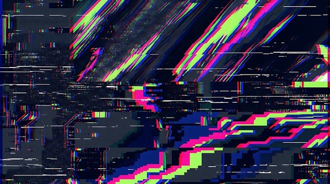 Abstract digital glitch effect with colorful neon light streaks and dark texture.