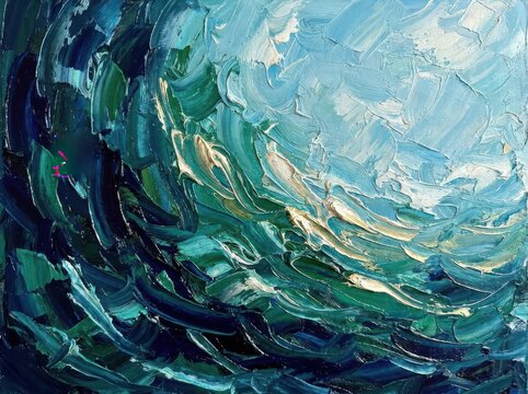 Abstract oil painting of a crashing ocean wave with impasto texture