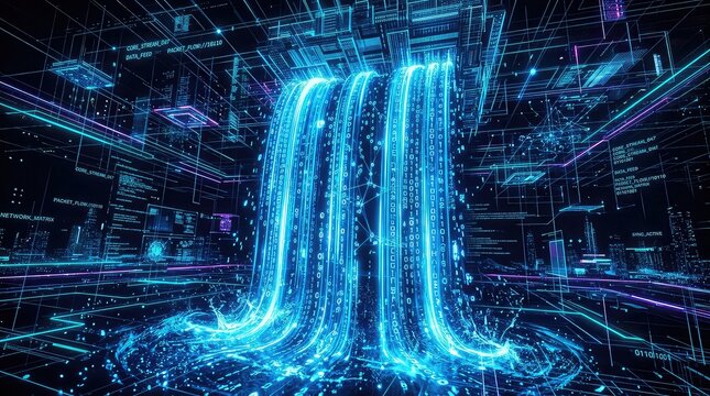 Electric blue data streams cascading in a futuristic digital environment with binary code and network connections