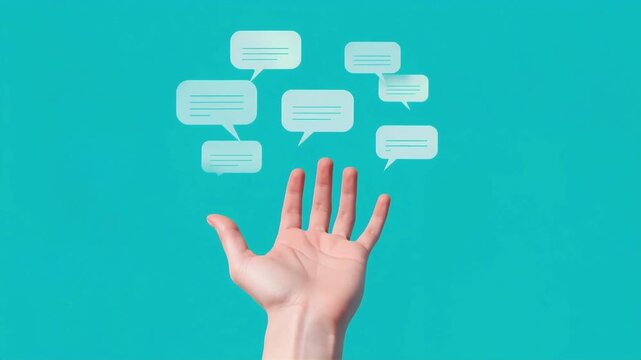 Hand gesture interacting with floating digital speech bubbles in this high quality motion video clip for modern communication concepts
