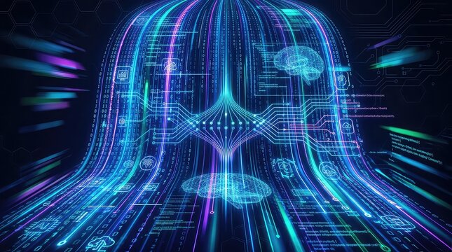 Digital human face with glowing blue and purple circuits ai technology concept