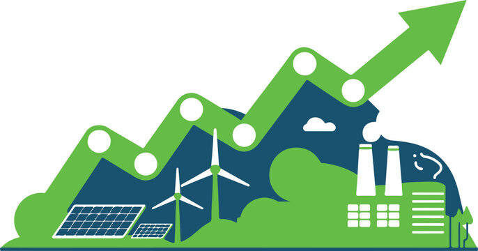 Green energy growth concept with renewable sources and factory pollution
