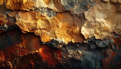 Fototapeta premium Close-up view of layered rock textures in warm and cool tones.