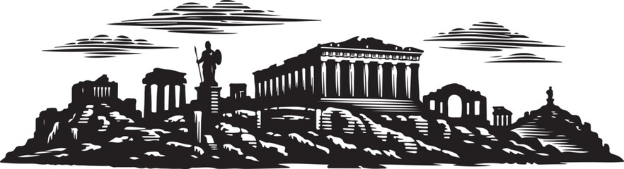 Ancient Greek ruins and Parthenon temple skyline in vintage woodcut style silhouette vector on a white background © Abdul