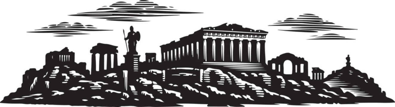 Ancient Greek ruins and Parthenon temple skyline in vintage woodcut style silhouette vector on a white background