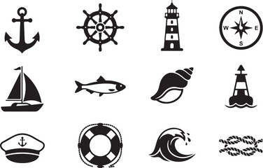 Anchor wheel lighthouse compass sailboat fish shell buoy captain hat lifebuoy wave rope knot icons set silhouette vector on a white background © Abdul