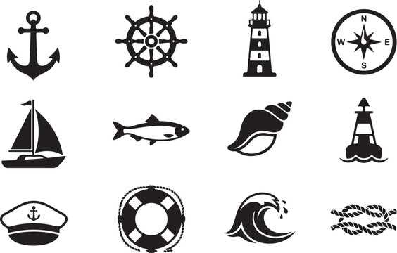 Anchor wheel lighthouse compass sailboat fish shell buoy captain hat lifebuoy wave rope knot icons set silhouette vector on a white background