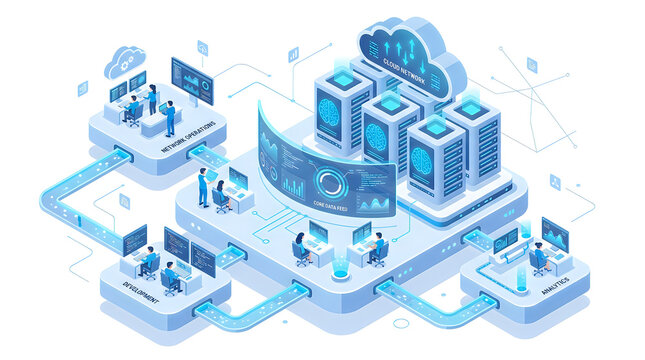 Isometric cloud computing server network with engineers working in modern office