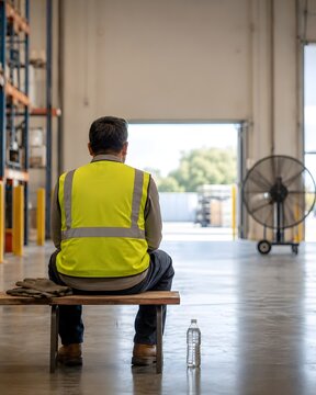 A back-view warehouse worker in a yellow safety vest rests on a bench near a large fan and water bottle, representing heat illness prevention, hydration, and workplace safety.