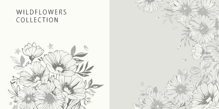 Delicate Wildflower Arrangement Gray Scale Vector Illustration