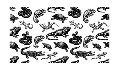 Fototapeta premium Forest animals seamless pattern vector illustration with vintage engraved style wild woodland creatures on white background