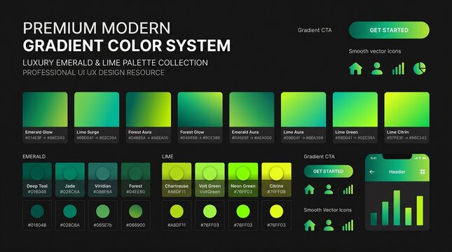 Premium modern gradient color system featuring luxury emerald and lime green palettes for professional UI UX web design, mobile app interfaces, and smooth vector icons on dark background.