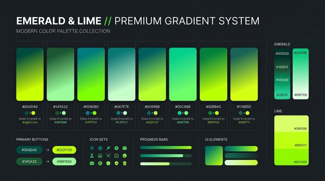 Premium modern gradient color system featuring luxury emerald and lime green palettes for professional UI UX web design, mobile app interfaces, and smooth vector icons on dark background.