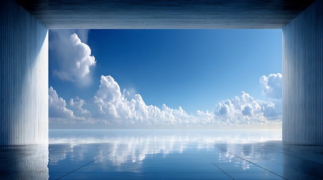 Blue sky with white fluffy clouds in a rectangular frame with a white border