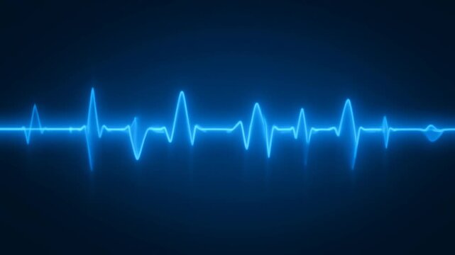 Glowing blue heartbeat pulse line on a dark background for medical EKG or ECG monitoring