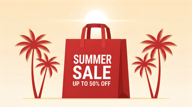 Red shopping bag for a summer sale event with palm trees in a tropical setting