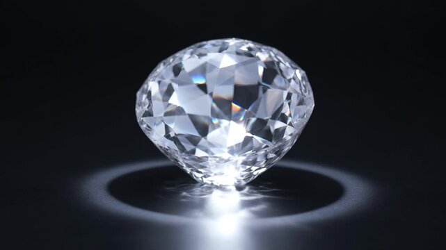 Large brilliant faceted diamond crystal sparkling on a black background