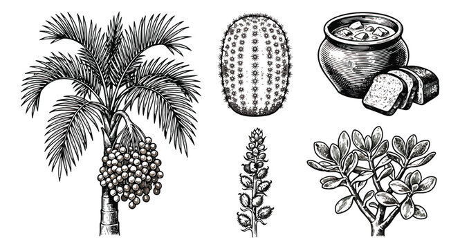 Vintage botanical engraving set, hand drawn palm tree and desert cactus, traditional food pot and succulent plant vector illustrations