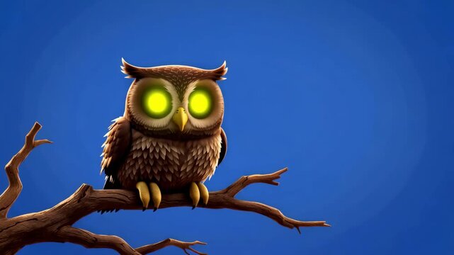 A brown owl with glowing yellow eyes perches on a tree branch at halloween night.