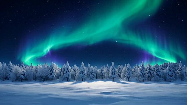 Green Northern Lights glowing over snow covered pine trees in a winter landscape at night