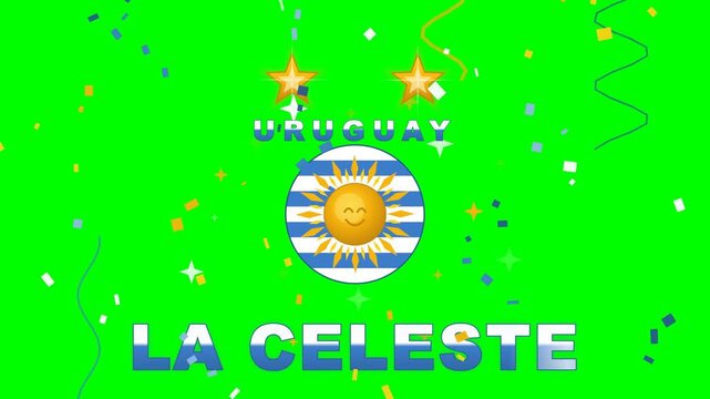 4K green screen Uruguay football celebration with Sol de Mayo sun on celeste white stripes, two stars and LA CELESTE wordmark, confetti, chroma key sports overlay loop