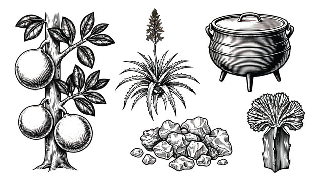 Vintage hand drawn botanical and cultural elements, woodcut style African flora and traditional cooking pot, engraved nature vector set