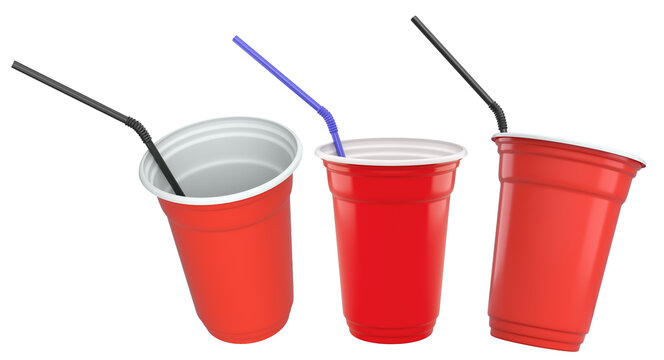 Set of colorful plastic drinking cups with black bendy straws isolated on a white background, symbolizing party beverages