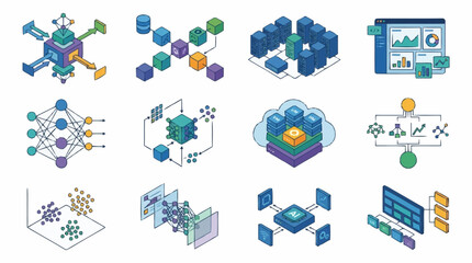 Fototapeta premium Collection of Isometric Icons Representing Data Science, Machine Learning, and Cloud Computing Concepts.